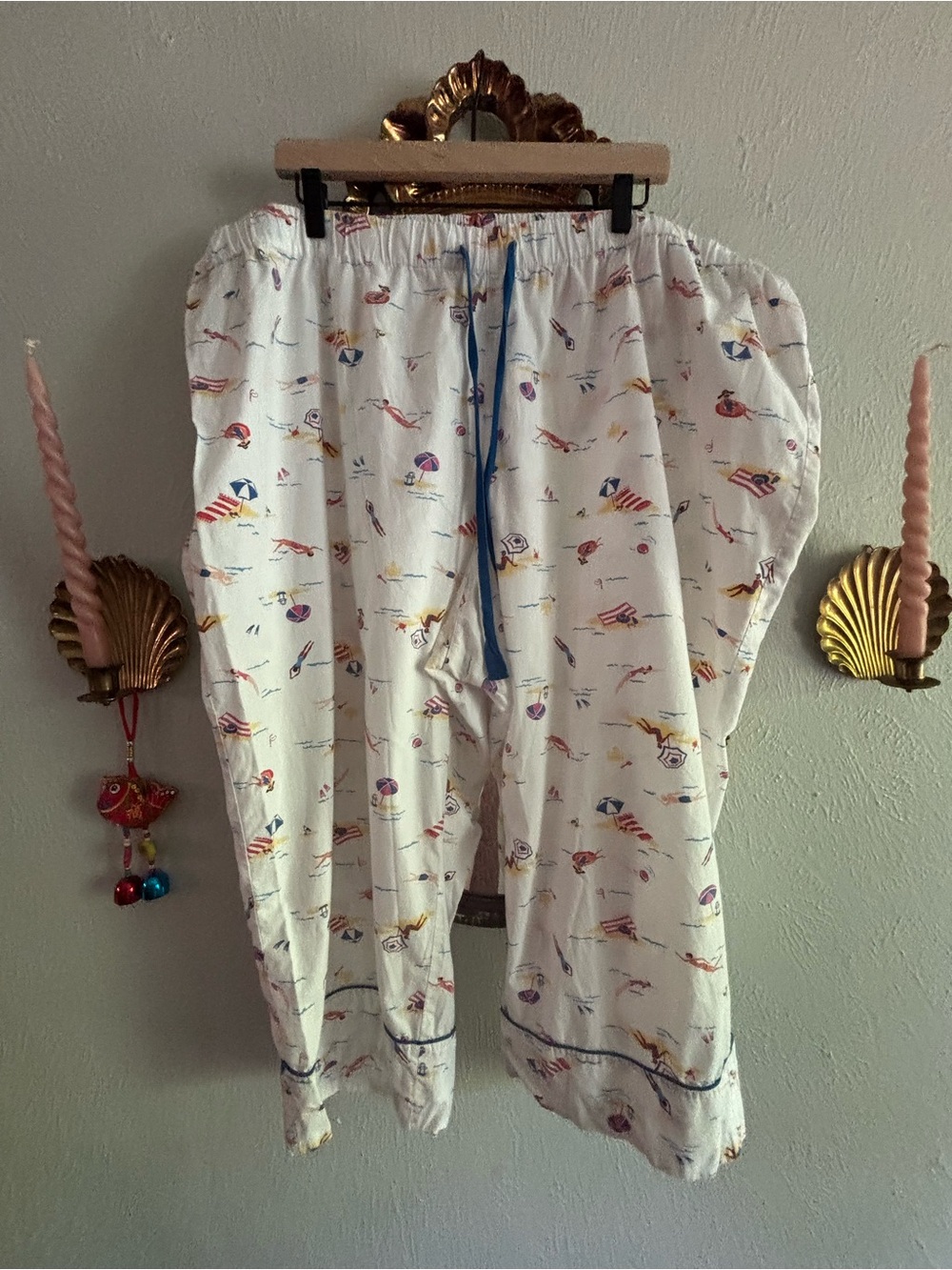 Lands' End White Cotton Beach Print Lounge Pants with Blue Drawstring